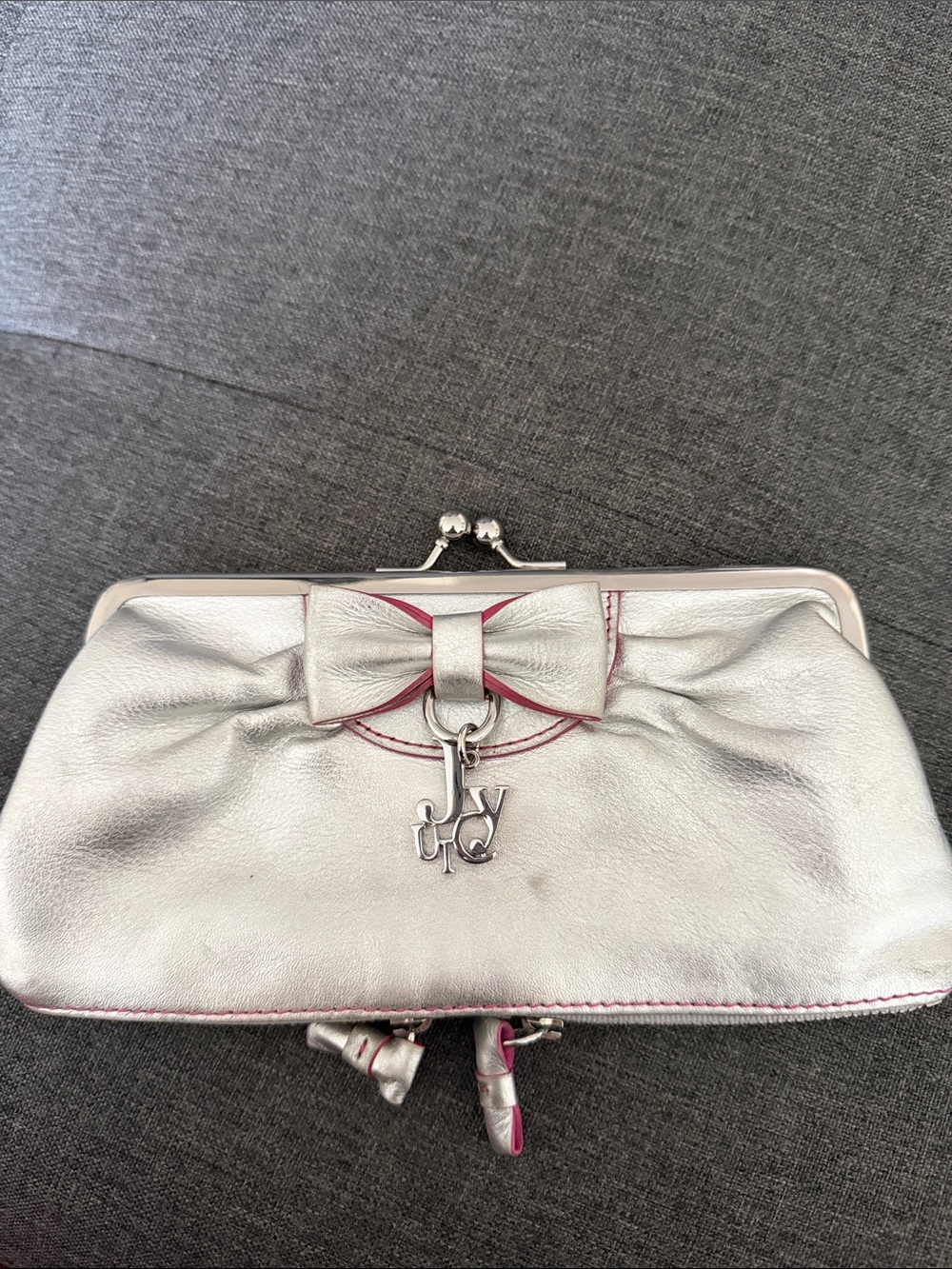 Juicy Couture Silver Bow Accent Frame Clutch with Charm